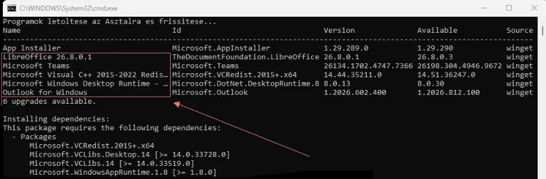 Windows winget upgrade parancs futtatása a parancssorban