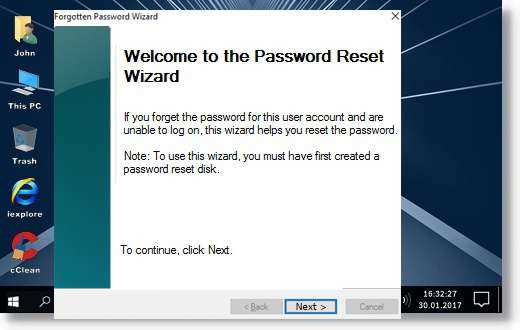 The password reset wizard appears