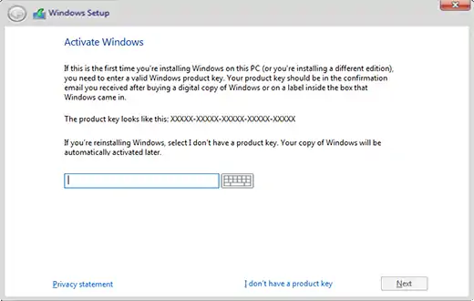 Entrez la clé de produit Windows 10